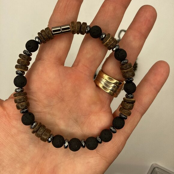 Men's Wood, Hematite and Lava Bead Bracelet Handmade Brand New - Picture 1 of 2